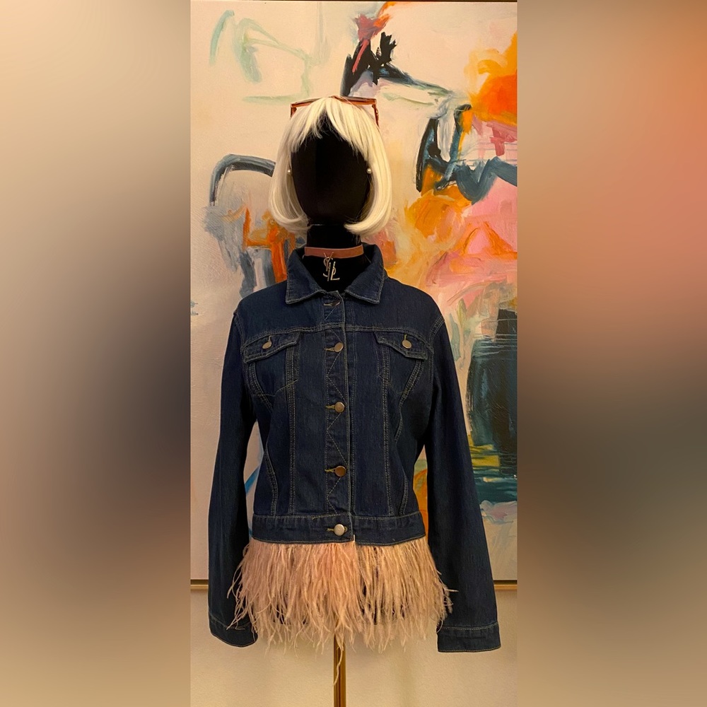 Blue Denim Jeans Jacket with Pink Ostrich feathers. Color Blue/Pink.